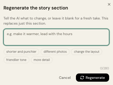 The regenerate-a-section dialog in the Styka editor