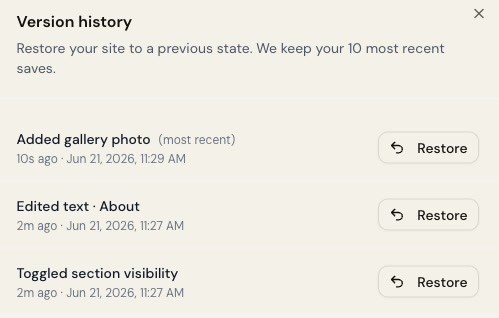 The version-history panel in the Styka editor